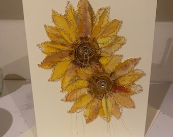 Fiddlestitch Sunflower Card, stitched floral design for all occasions, Birthdays, Mother's Day Mum's Birthday, Thank You Flower Card.