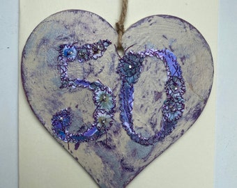 Fiddlestitch 50 painted and stitched wooden heart. Fiftieth card & gift in one.