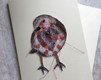 Fiddlestitch Robin Greetings Card, Stitched Wild Bird Design- not just for Christmas!