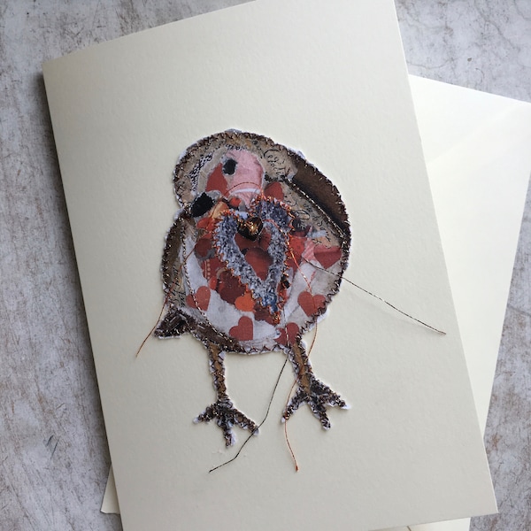 Fiddlestitch Robin Greetings Card, Stitched Wild Bird Design- not just for Christmas!