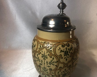 Mettlach Etched Stein 1983; Hops Vine Pattern; gold-toned version; Horace J. Phipps; etched stein, mettlach