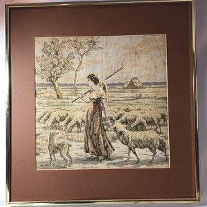French Tapestry; Shepherdess in Field; sheep; spinning