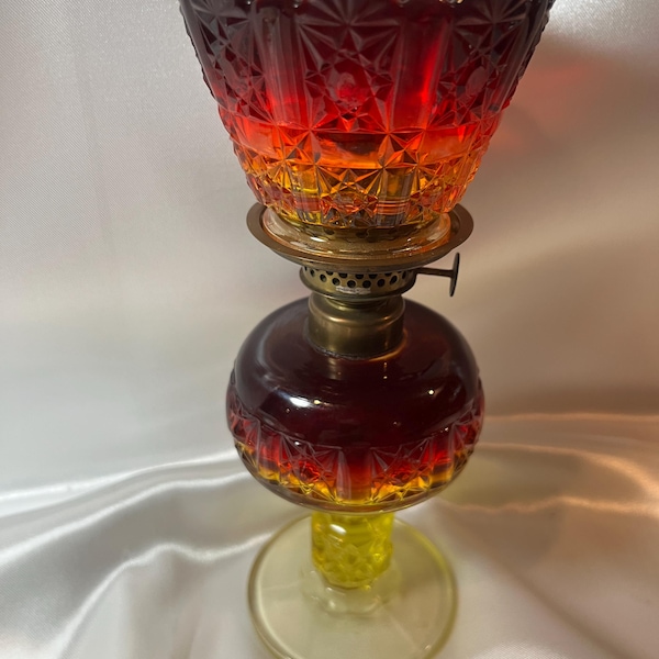 Vintage Amberina Daisy and Cube Oil Lamp with Shade; amberina; oil lamp, daisy and cube, daisy and button