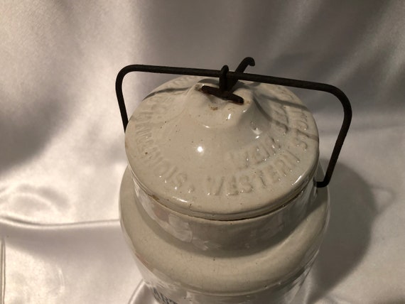 150-52 Rare Antique Western Stoneware Co 5 Weir Seal Wire Bail Large Crock Pot Canister Monmouth Illinois No 150-52 Rare Antique Western Stoneware Co 5 Weir Seal Wire Bail Large Crock Pot Canister Monmouth Illinois No