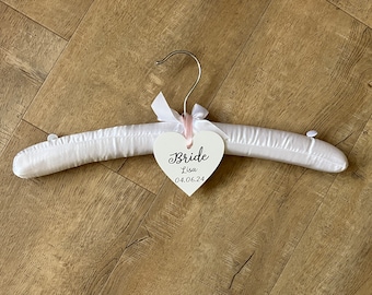 Bride Padded Satin Wedding Dress Hanger with Personalised Heart with Wedding Details, add a touch of luxury to your day with functionality.