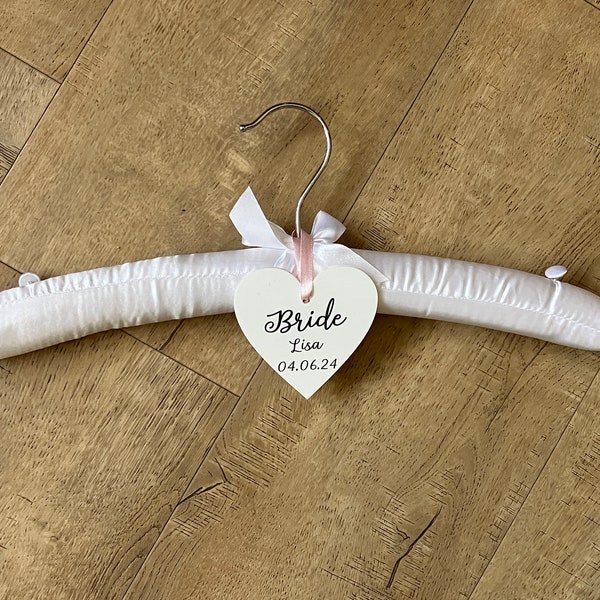 Bride Padded Satin Wedding Dress Hanger with Personalised Heart with Wedding Details, add a touch of luxury to your day with functionality.