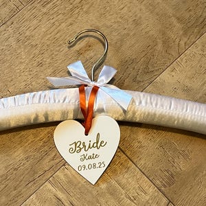 Bride Padded Satin Wedding Dress Hanger with Personalised Heart with Wedding Details, add a touch of luxury to your day with functionality.