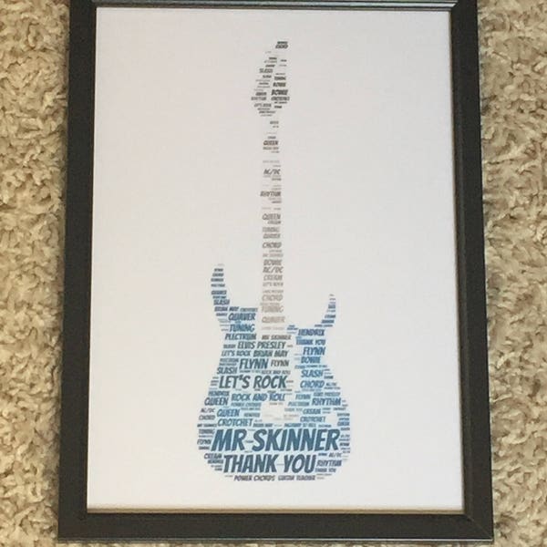 Personalised Word Art Card, Typography Guitar, Teacher Gift