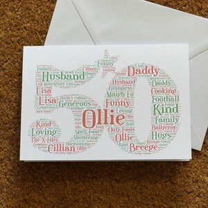 Tarjeta de cumpleaños con diseño de palabras y edad, tarjeta de felicitación personalizada tamaño A5 con tipografía.