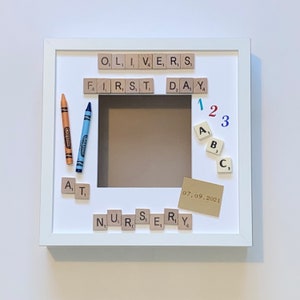 First Day at Nursery photo scrabble art frame, personalised. Created by CleverCHIC