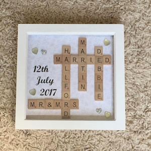 Family Names Frame, Family Scrabble Art in  Deep Box Frame 9x9&quot;, Scrabble Art, Wall Art, Framed Art, Scrabble Frame