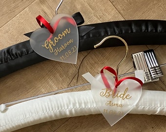 Bride & Groom Padded Satin Hangers with Personalised Heart with Wedding Details, add a touch of luxury to your day with functionality 2 set.