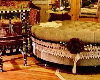 Large Ottomans and companion Tables . Vintage fabric trims , hand painted. Whimsical , shabby chic.