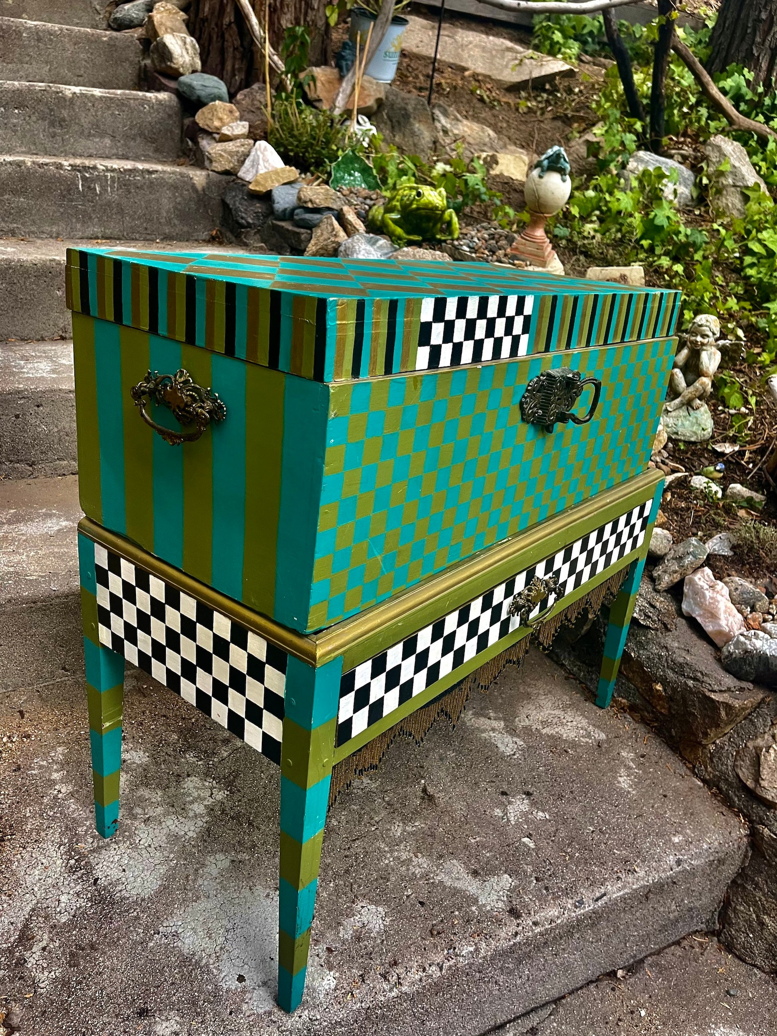 Vintage Turquoise Trunk with Table Stand: Art Deco Storage Chest