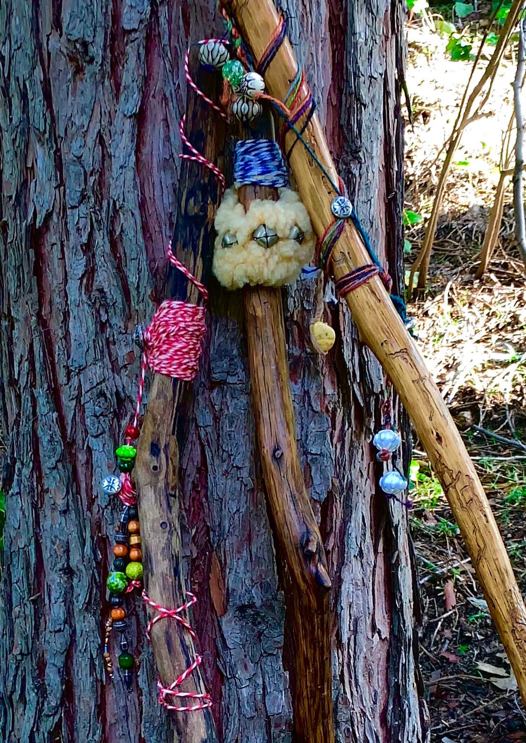 Custom Mountain Hiking Stick: Natural Wood, Beads, Boho Hippie