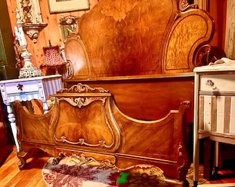 Antique queen wooden bed frame. Ornate and beautiful nightstands sold separately .