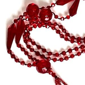 Art Deco RED Czech Republic Glass Flapper Long Faceted Flapper Tassel Necklace~ Vintage Hand Knotted Long Sautoir Necklace~