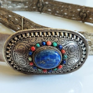 Vintage Tribal Bohemian Handmade Woven Silver Made in India Ethnic Silver Belt with Lapis coral Turquoise engraved stone Southwestern Buckle