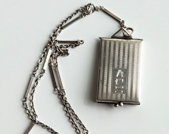 Antique Art Deco Silver Locket Necklace: Monogrammed Pendant, 15" Chain
