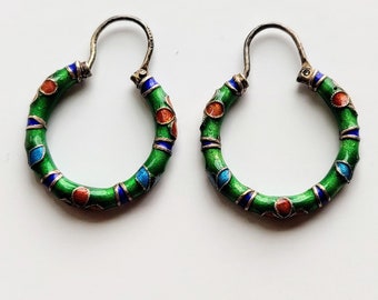 Vintage Chinese Export Pair of SILVER Green Blue Red Chinese Enamel Hoop Earrings