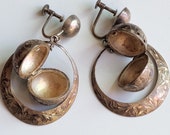 Vintage Sterling Silver Japan Hand Chased Etched Pin Earrings Set Japanese Open Ball Perfume Holder Earrings Poison Earrings Pillbox Earring