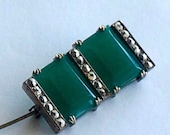 Antique rare Art Deco Signed quot Made In Czechoslovakia quot Chrysoprase Glass Marcasite Clawfeet Prongs Brooch Pin