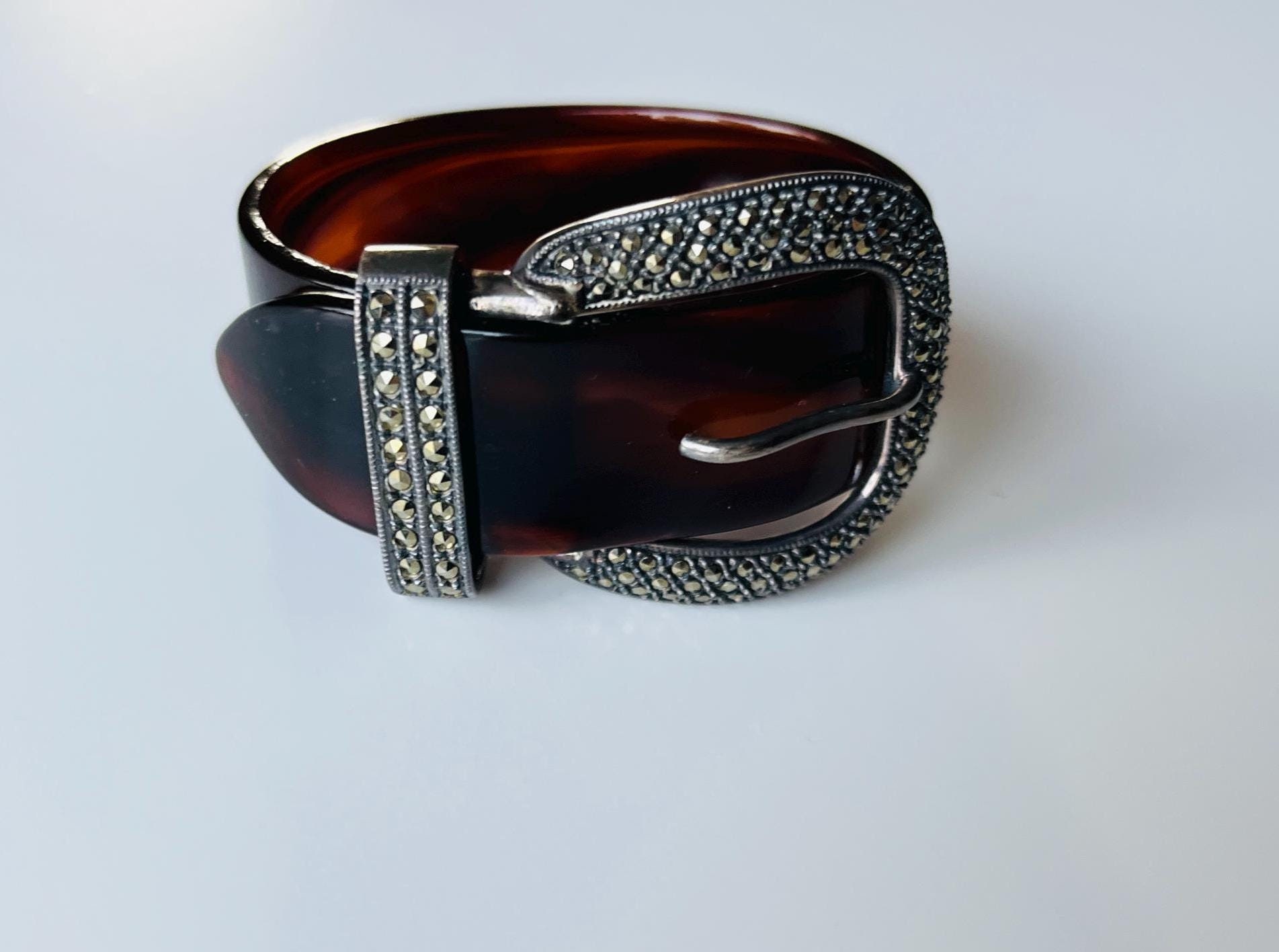Judith Jack Sterling Silver Marcasite Buckle Brown Leather Waist Belt Vtg Judith Jack Sterling Marcasite Leather Womens Belt Sz M  main image 3