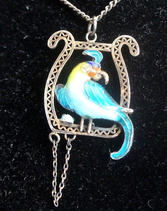 Antique Chinese Gilt Silver Filigree Enamel Bird Necklace