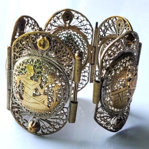 Antique Egyptian Revival Woven Panel Bracelet~Cuff  Bracelet~Gold Gilt Filigree Bracelet~Marked Egypt~Vintage Bracelet~