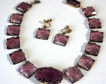 Zestaw naszyjnika i kolczyków z czeskiego szkła ametystowego w stylu art déco