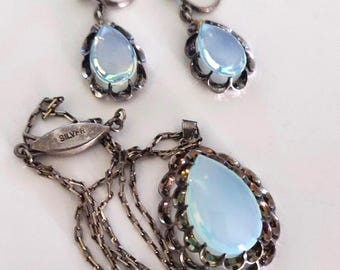 Vintage Art Deco Sterling Silber Opalglas Halskette Ohrringe Set