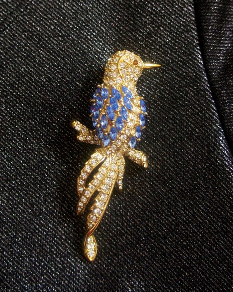 Vintage Nolan Miller signed Big Blue and White Bird gracefully sitting on Branch Rhinestones Brooch Pin ~