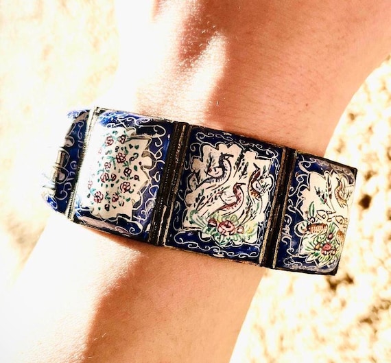 Vintage Hand Painted Persian Story Telling Nature Inspired Persian Bracelet ~