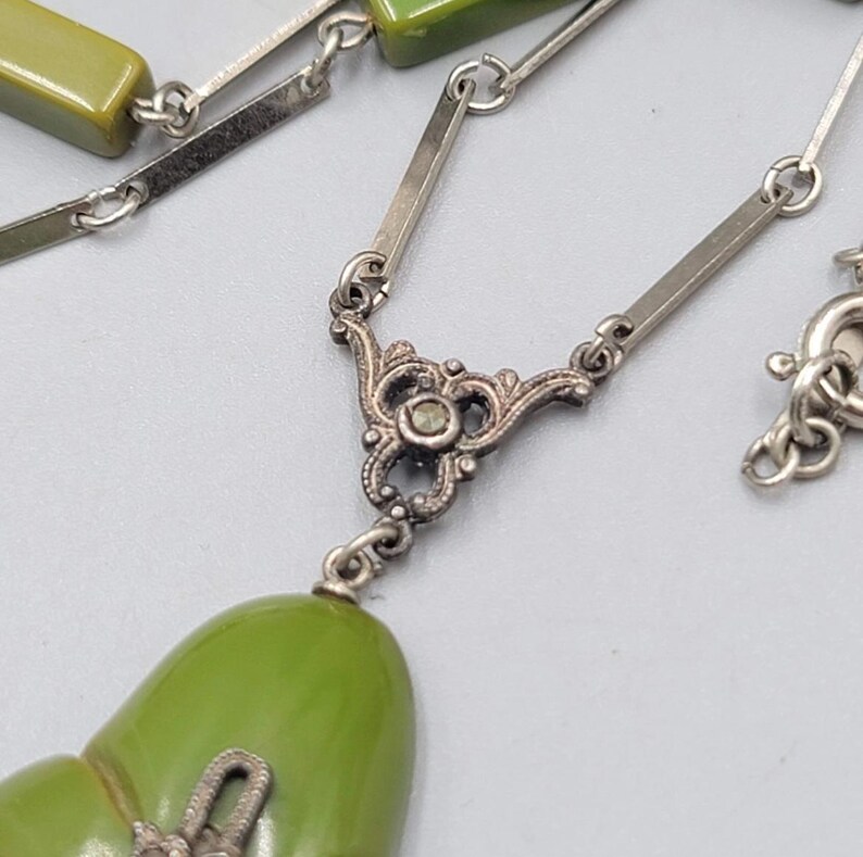 Jakob Bengel Machine Age Art Deco Green Galalith, Chrome and Marcasites ...