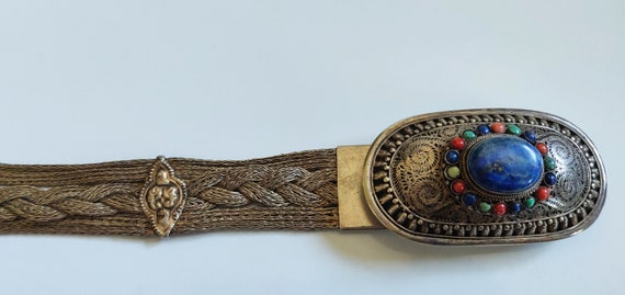 Vintage Ornate Silver Belt Buckle with Blue Lapis, Turquoise and Coral Oval Belt Buckle|Inlaid Stone|Turquoise|Coral|Lapis|German  main image 2