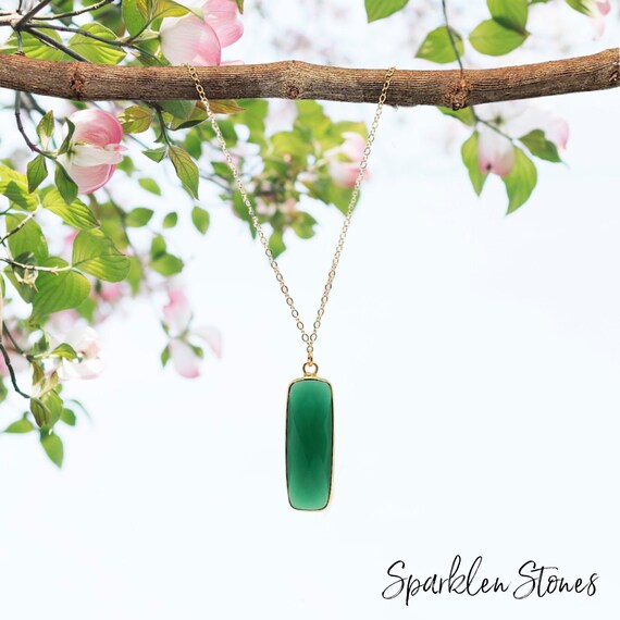 Green Onyx Necklace Bar Necklace Vertical Rectangle Layering Etsy