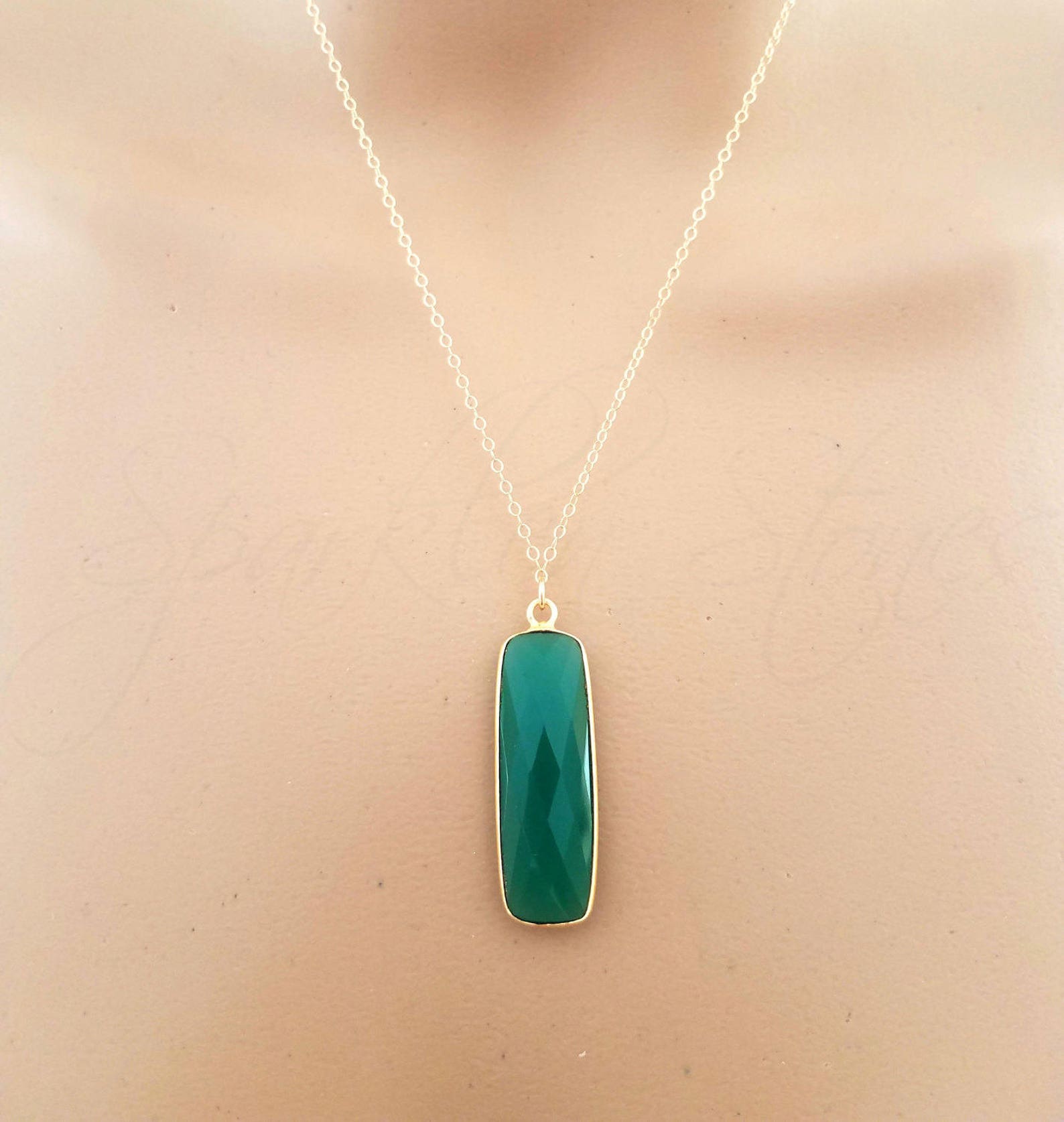 Green Onyx Necklace Bar Necklace Vertical Rectangle Layering Etsy