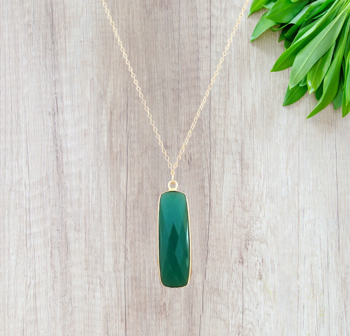 Green Onyx Necklace Bar Necklace Vertical Rectangle Layering Etsy