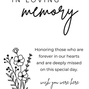 May include: A white sign with black text that reads IN LOVING memory, Honoring those who are forever in our hearts and are deeply missed on this special day. wish you were here. A black line drawing of a floral bouquet is on the left side.