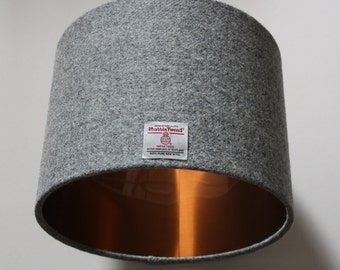 Harris Tweed Drum Lampshade in Grey and Brushed Copper for Table Lamps, Floor Lamps and Ceiling Fittings.