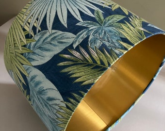LAST ONE!!! Jungle leaves print drum lampshade with brushed gold lining for table lamps, standard lamps and ceiling fittings.