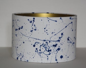 Hand painted, Blue Ink-splashed cotton drum lampshade