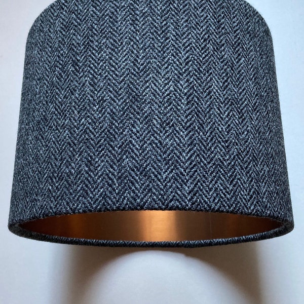 Harris Tweed Drum Lampshade: Charcoal Herringbone with Copper Lining