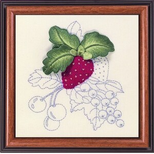 May include: Embroidered artwork featuring a red strawberry with green leaves, surrounded by blue embroidered berries and leaves.