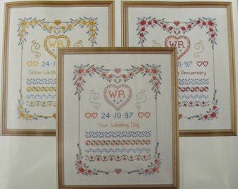 CSM 521 Hearts and Flowers Golden Wedding Anniversary cross stitch sampler kit