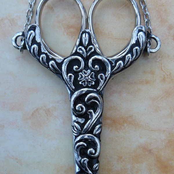 CG55 Celtic Large Pewter Scissor Chatelaine with fine embroidery scissors