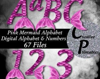 Mermaid Alphabet | Instant Download | Digital Letters and Numbers | Printable Letters and Numbers | Mermaid Font Clipart | Pink Mermaid