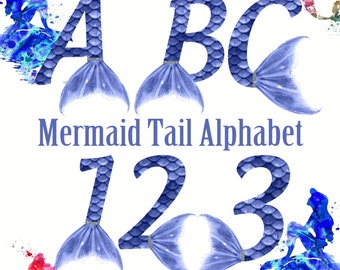 Mermaid Alphabet | Instant Download | Digital Letters and Numbers | Printable Letters and Numbers | Mermaid Font Clipart | Blue Mermaid