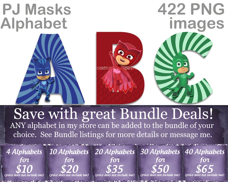 pj masks alphabet font clipart instant download digital etsy