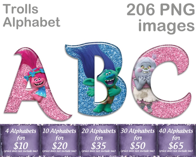 trolls alphabet font clipart instant download digital etsy